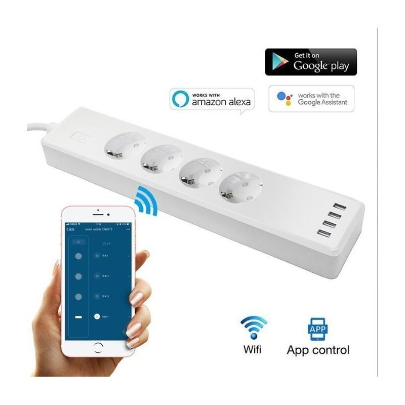 Regleta Inteligente WiFi 4 tomas y 3 USB. Control por App Smart Life.